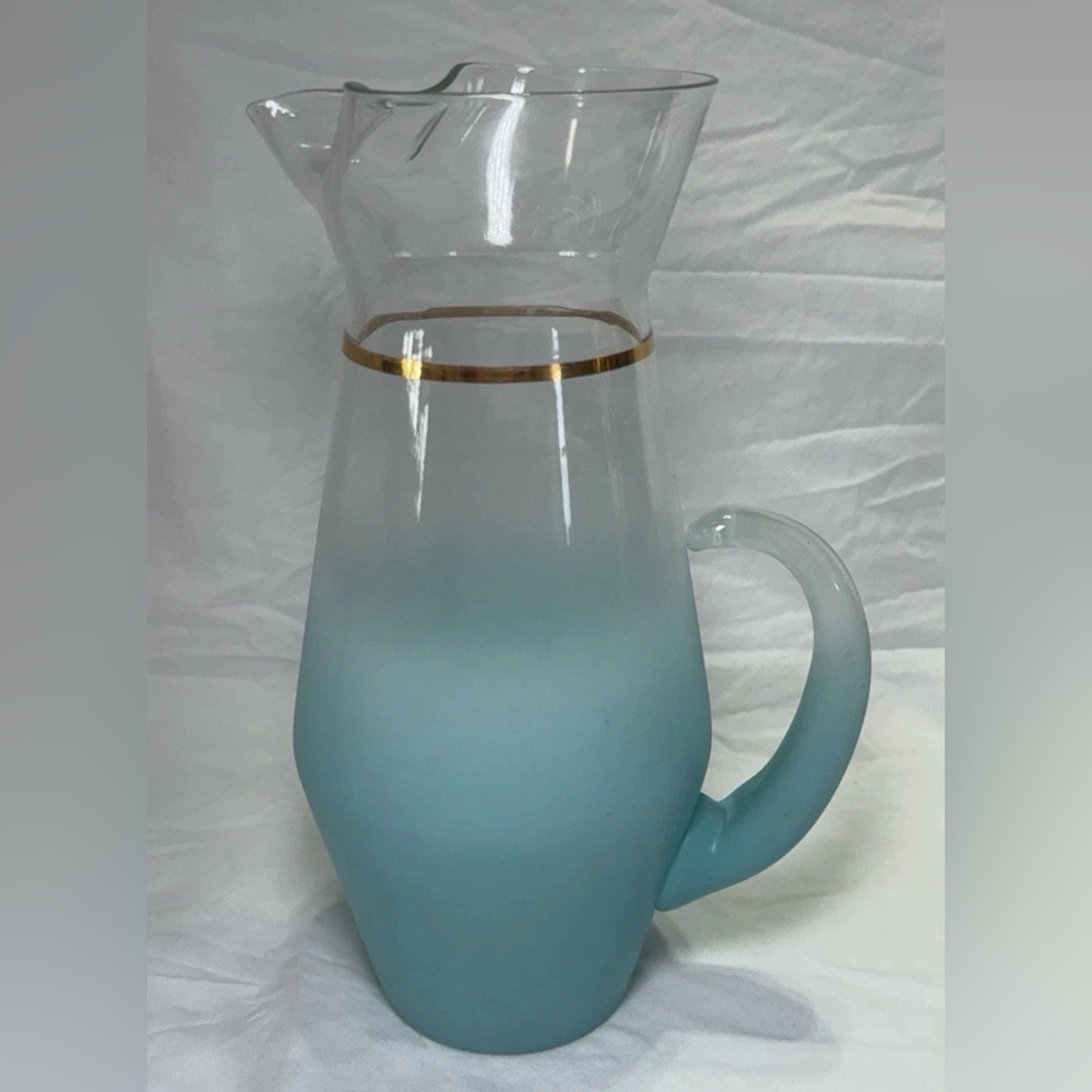 Vintage Blendo Turquoise Blue Glass Pitcher Mid Century Modern 9.5"1.25 Qt